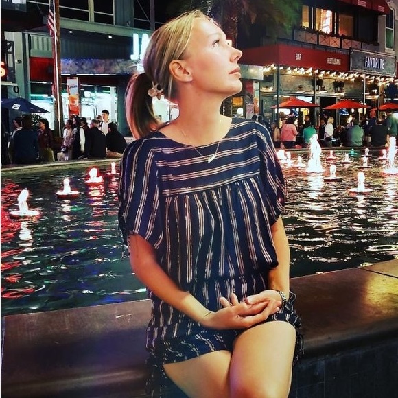 By Anthropologie Navy & Metallic Striped Tie Short Sleeve Peasant Blouse Top - Picture 8 of 15